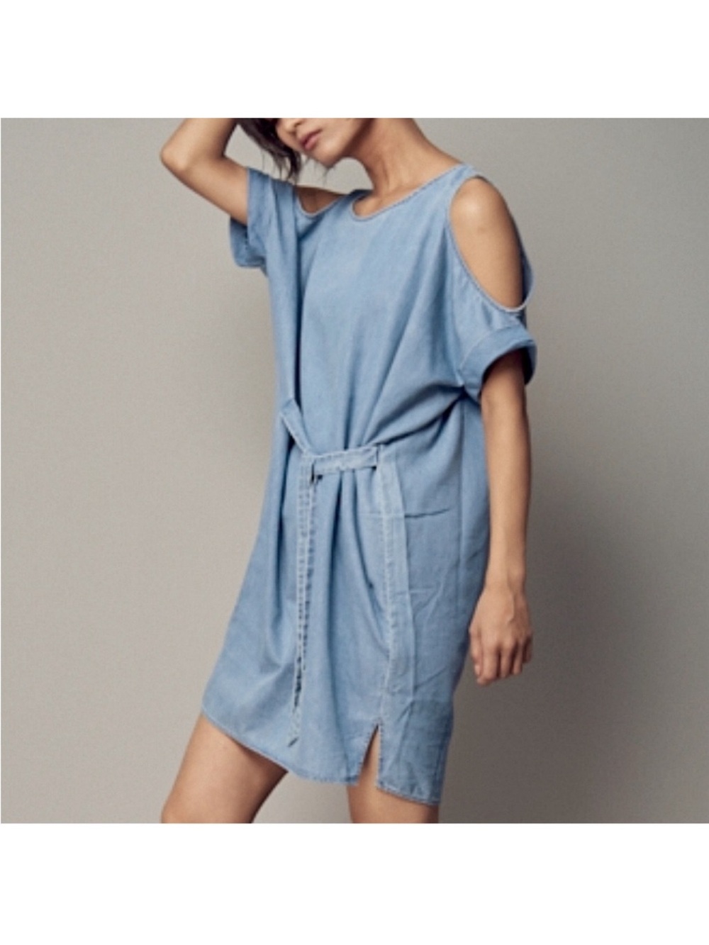All Saints Remi Chambray Cold-Shoulder Denim Dress